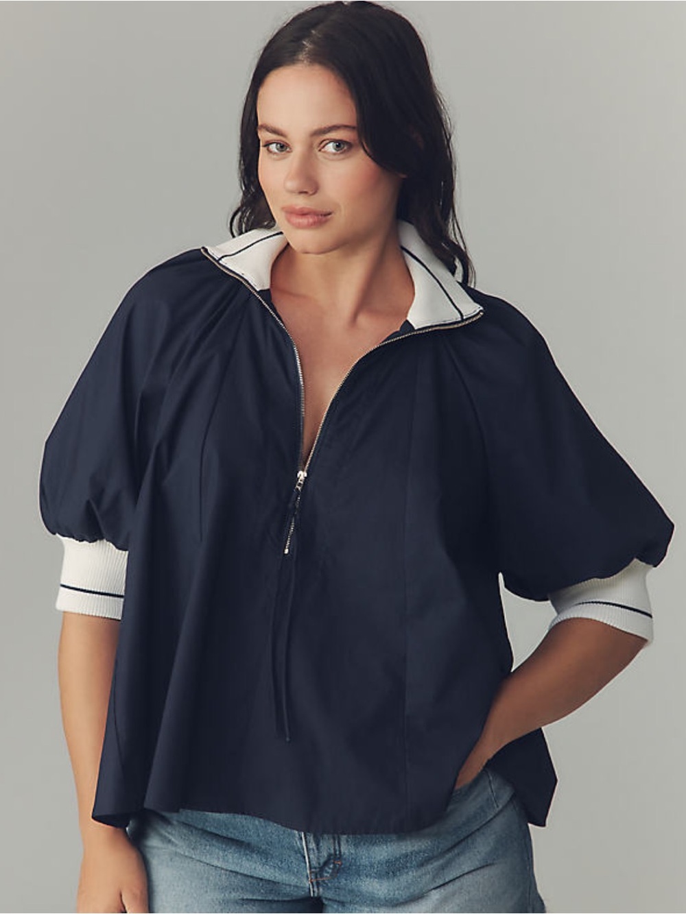 Anthropologie Maeve Navy Zip-Front Henley Swing Top with White Trim